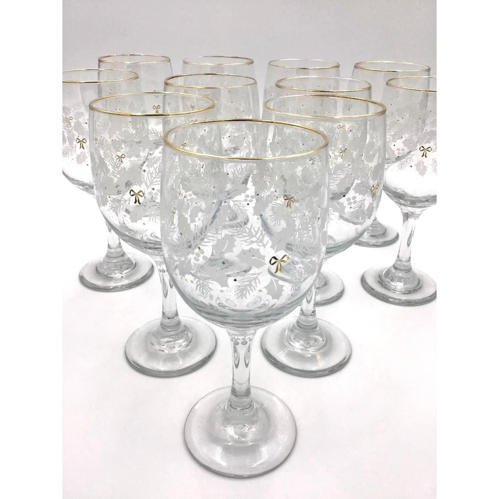 VTG (11) Libbey Arby's Christmas Holiday Wine Glasses Holly Berry Gold Rim 7"